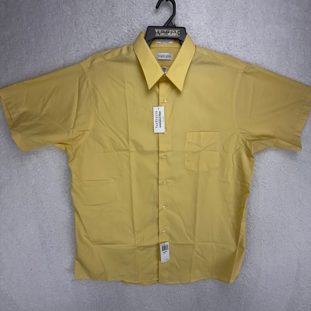 Van Heusen Mens XL Yellow Wrinkle Free Poplin Short Sleeve Button Down Shirt NWT
